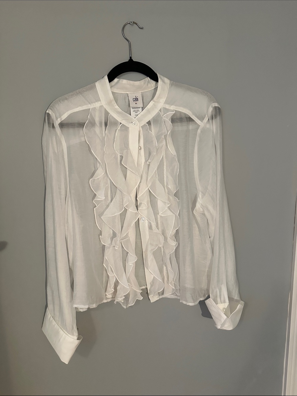 CAbi White Sheer Ruffle-Front Button Down Blouse